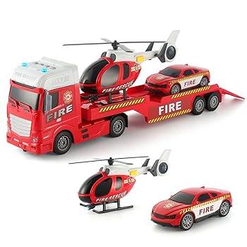 Pull Back Oversized Fire Trailer Set with Helicopter & Car
