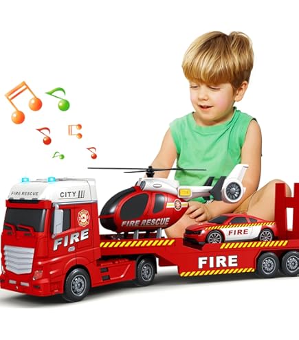 Pull Back Oversized Fire Trailer Set with Helicopter & Car
