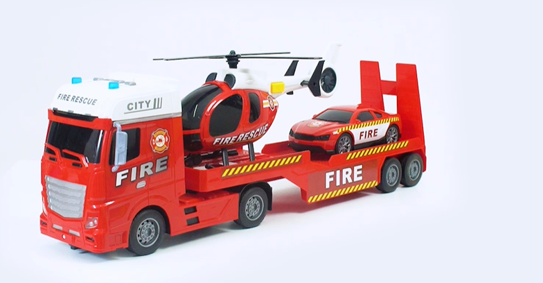 Pull Back Oversized Fire Trailer Set with Helicopter & Car