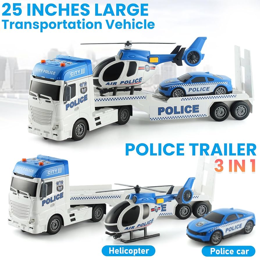 Pull Back Oversized Police Trailer Set with Helicopter & Car