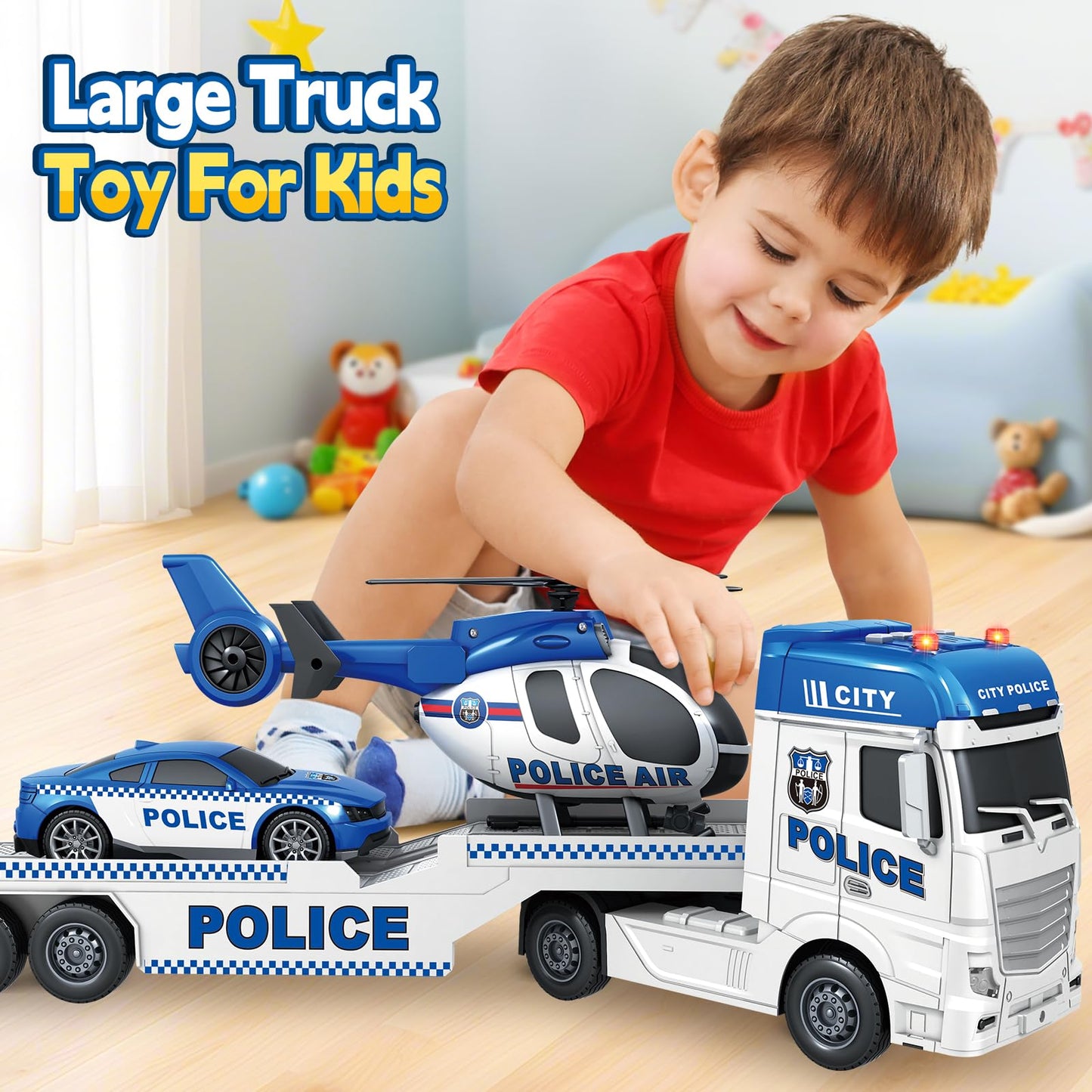 Pull Back Oversized Police Trailer Set with Helicopter & Car