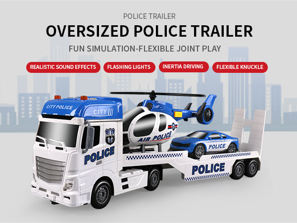 Pull Back Oversized Police Trailer Set with Helicopter & Car