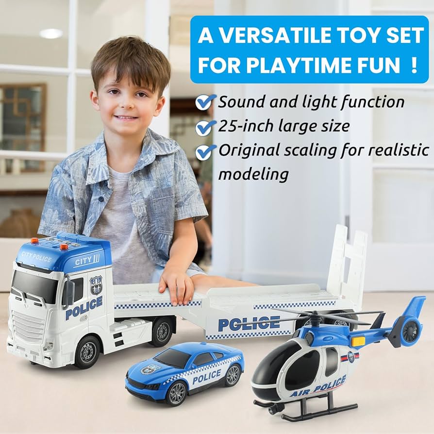 Pull Back Oversized Police Trailer Set with Helicopter & Car