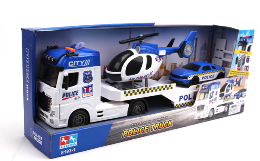 Pull Back Oversized Police Trailer Set with Helicopter & Car