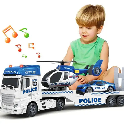 Pull Back Oversized Police Trailer Set with Helicopter & Car