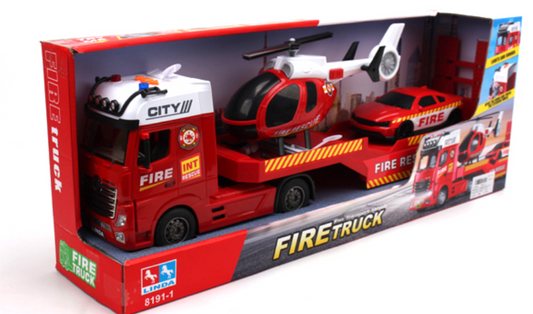 Pull Back Oversized Fire Trailer Set with Helicopter & Car