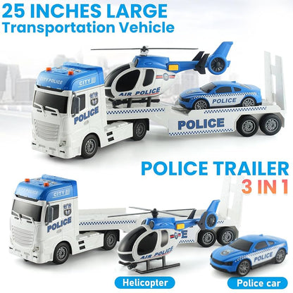 Pull Back Oversized Police Trailer Set with Helicopter & Car