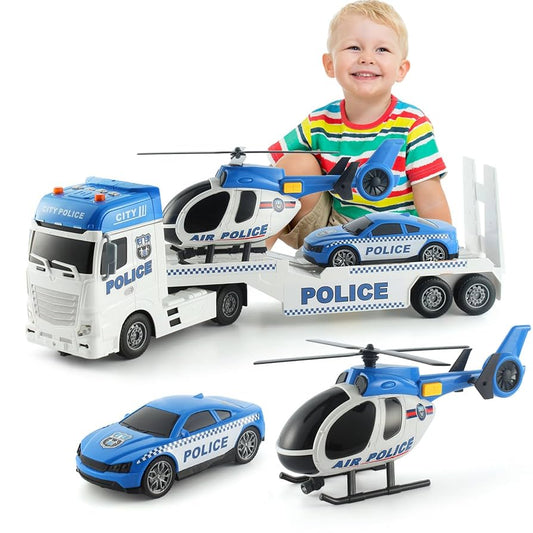 Pull Back Oversized Police Trailer Set with Helicopter & Car