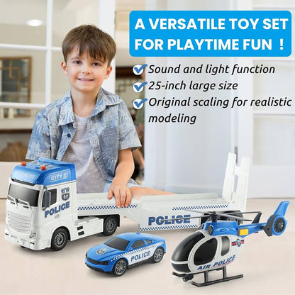 Pull Back Oversized Police Trailer Set with Helicopter & Car