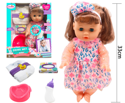 Realistic Care Experience Drink & Wet Baby 33Cm Doll Set + 12 sounds