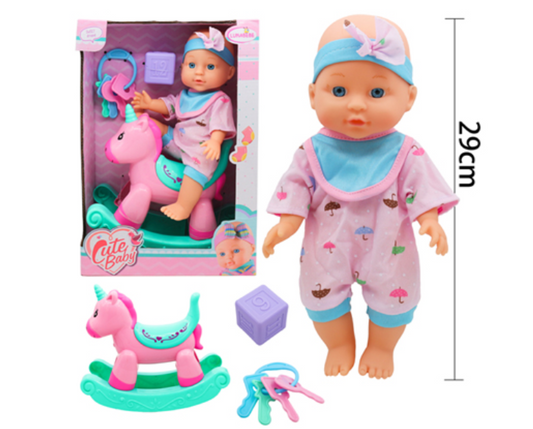 Cute Baby 29Cm Doll with Rocking Unicorn Set