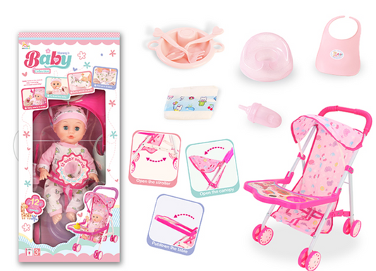 Stroller Set With 35 CM Doll with 12 Sounds